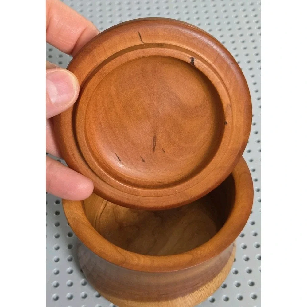 Vintage Black Cherry Wood Round Trinket Stash Spice Box‎ Container with Lid